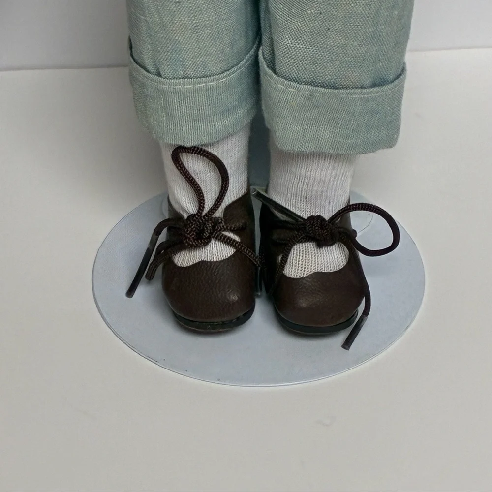 Delton Product Corp. Porcelain Brown Boy Girl Dolls Stands Matching Outfits